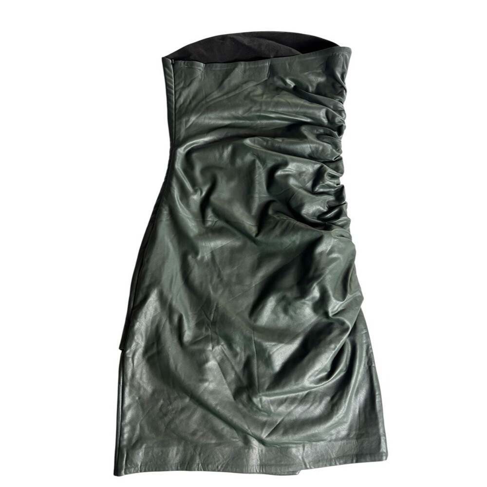 Susana Monaco Faux Leather Green Black Strapless Ruched Mini Dress Small - Picture 4 of 15